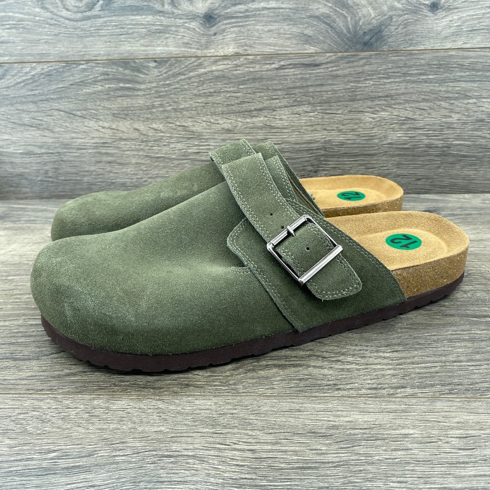 Cushionaire Lane Suede Clog Mule Mens 12 Olive Green Adjustable Buckle Cork Sole